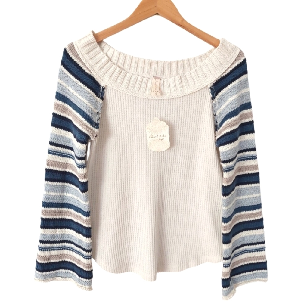 NWT Altar'd State Samantha Top Waffle Knit Ivory Blue Grey Bell Sleeves - Size M